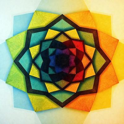 The primary subject of the image is a colorful, geometric pattern that resembles a flower. The pattern is composed of various colors, including blue, green, yellow, and orange. The setting is a white background, which provides a clean and minimalist appearance to the pattern. The visual style of the image is a combination of digital art and illustration, creating a vibrant and eye-catching design. The overall atmosphere of the image is lively and cheerful, thanks to the vivid colors and intricate pattern.